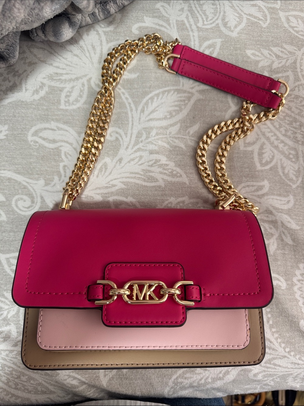 Michael Kors Colorblock Leather Crossbody in Fuchsia, Blush & Tan